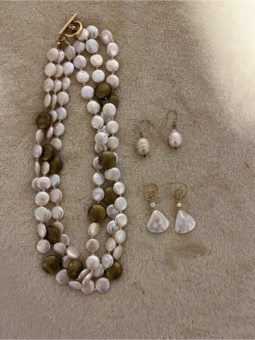 Pearly white/cream and Brass Multi-Strand Necklace with Two sets of Earrings